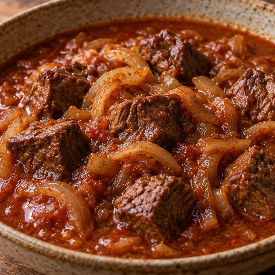 Rotwein-Gulasch mit Rindfleisch und Zwiebeln
