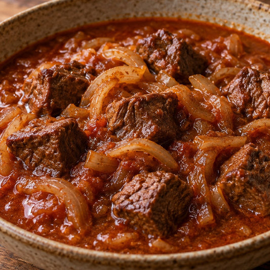 Rotwein-Gulasch mit Rindfleisch und Zwiebeln