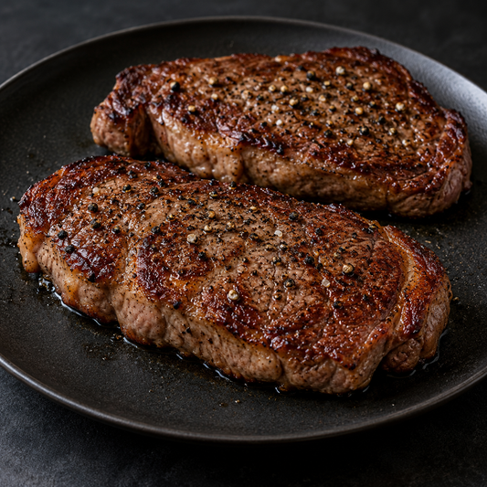 Klassisches Rumpsteak mit grobem schwarzem Pfeffer – fertig zubereitet