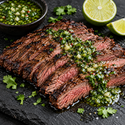 Skirt Steak mit Limetten-Kräutersauce, quer zur Faser aufgeschnitten