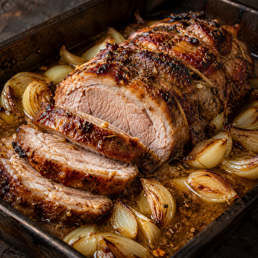 Spießbraten aus der Schweineschulter mit Zwiebeln aus dem Backofen – Rezeptbild