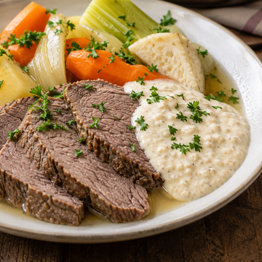 Tafelspitz mit Meerrettichsauce, Möhren, Sellerie und Lauch