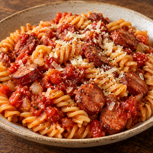 Tomaten-Pasta mit geräucherten Mettenden, Fusilli und Parmesan