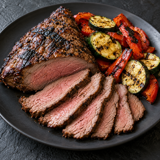 Bürgermeisterstück mit rauchiger BBQ-Glasur, gegrillter Zucchini und Paprika