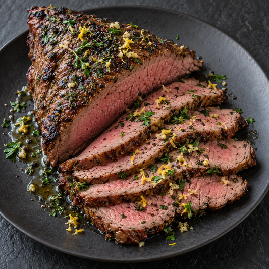 Gegrilltes Tri-Tip mit Petersilie, Thymian, Knoblauch und Zitronenabrieb