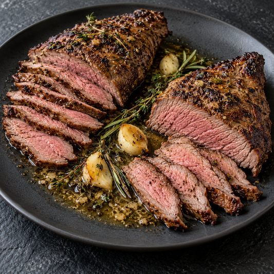 Dünn geschnittenes Tri-Tip aus der Pfanne mit Kräuterbutter, Knoblauch, Thymian und Rosmarin