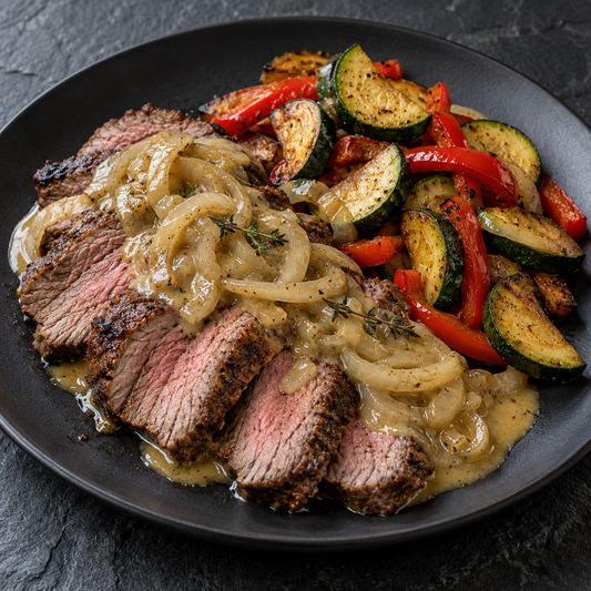 Bürgermeisterstück mit Zwiebel-Senf-Sauce, gebräunter Zucchini und roter Paprika