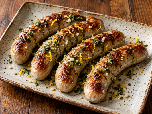 Willi Wurst mit Kräutern, Knoblauch und Zitronenabrieb aus der Pfanne