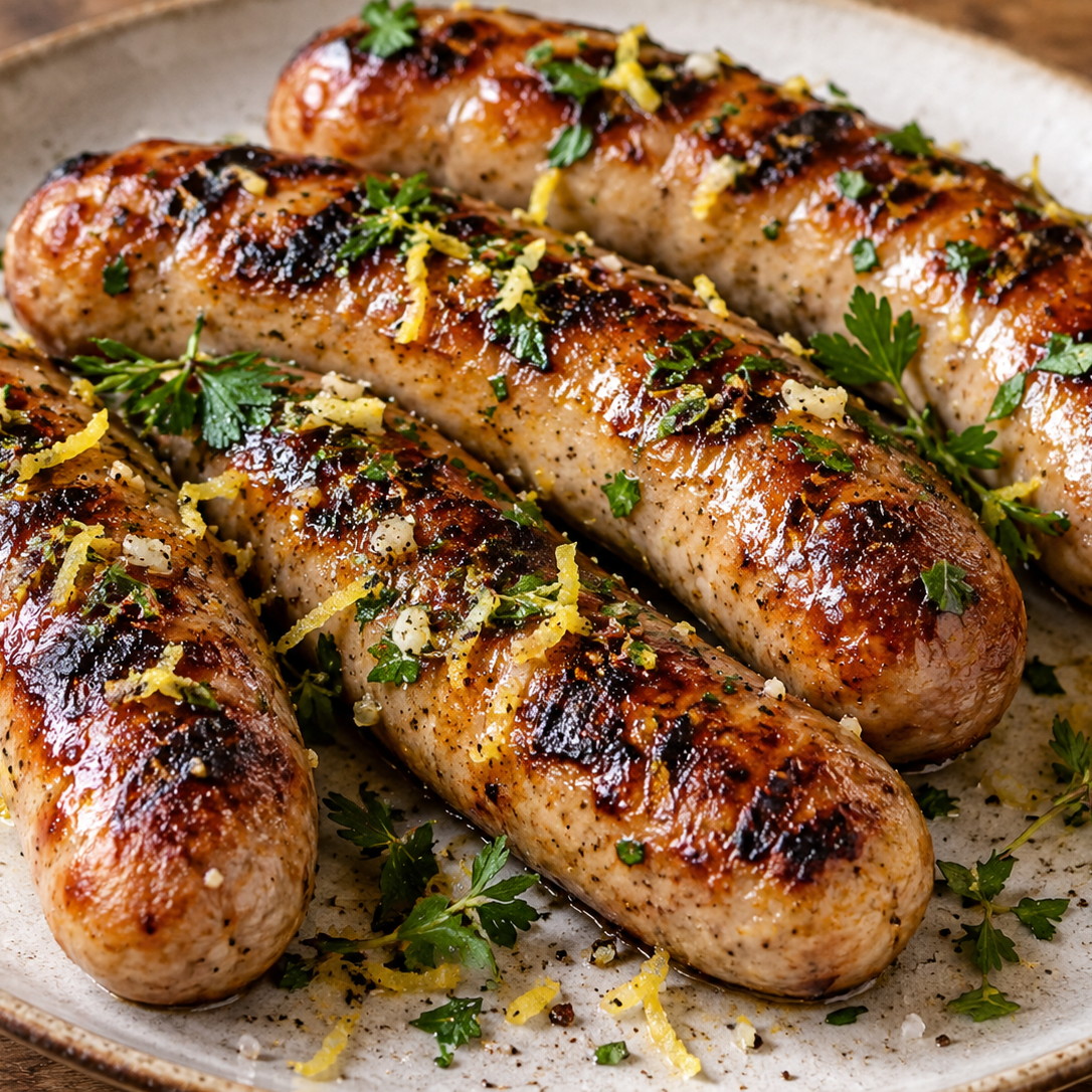 Willi Wurst mit Kräutern, Knoblauch und Zitronenabrieb vom Grill