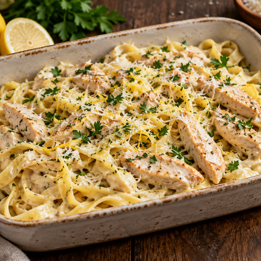 Zitronen-Sahne-Pasta mit Putenstreifen, Parmesan und Petersilie