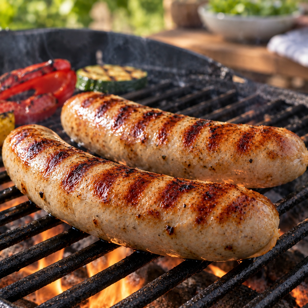 Geflügelrostbratwurst auf dem Grill