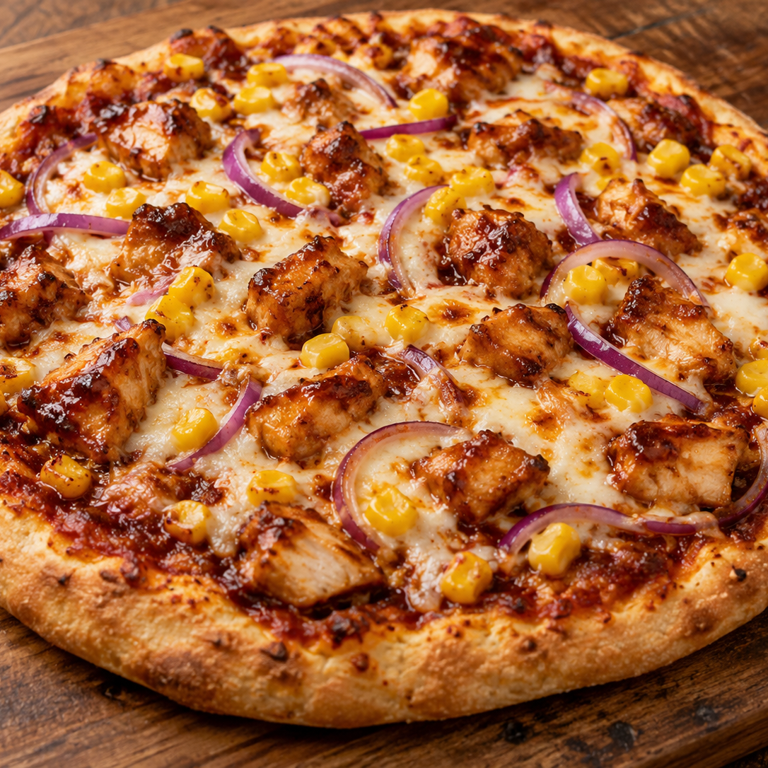 BBQ-Hähnchen-Pizza mit roter Zwiebel, Mais und Mozzarella