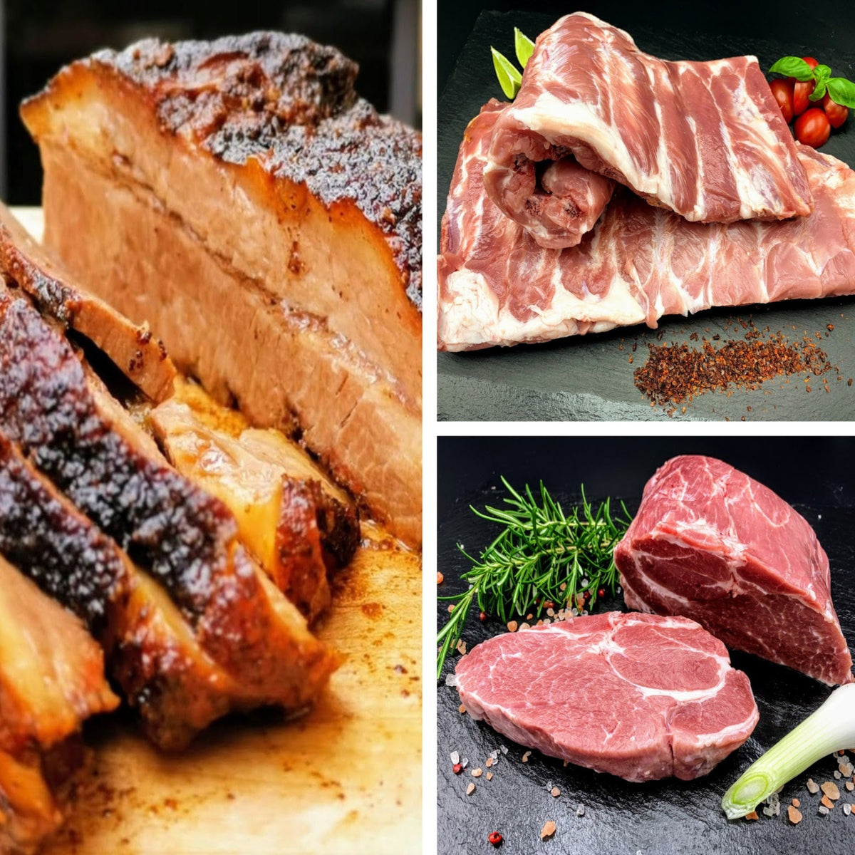 Das Holy-Trinity-Paket - 3kg Pulled Pork, 3kg Rinderbrust, 5,4 kg Spareribs – Fleischspezialität von Dein-Landmetzger.de