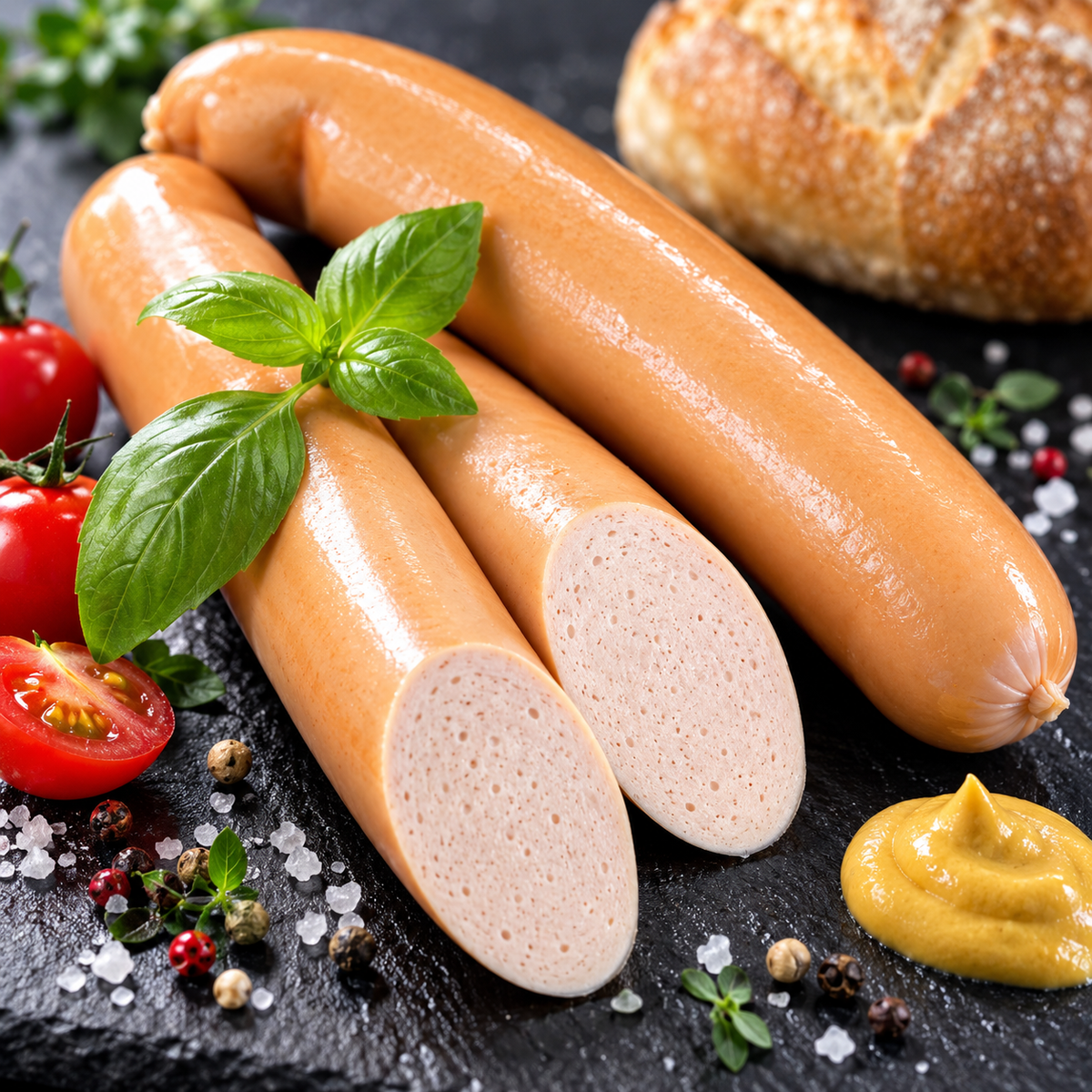Geflügel Bockwurst appetitlich angerichtet mit Tomaten, Basilikum und Senf