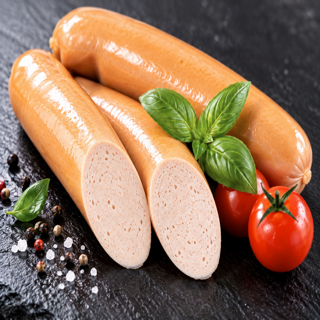 Geflügel Bockwurst auf dunkler Schieferplatte mit Tomaten und Basilikum