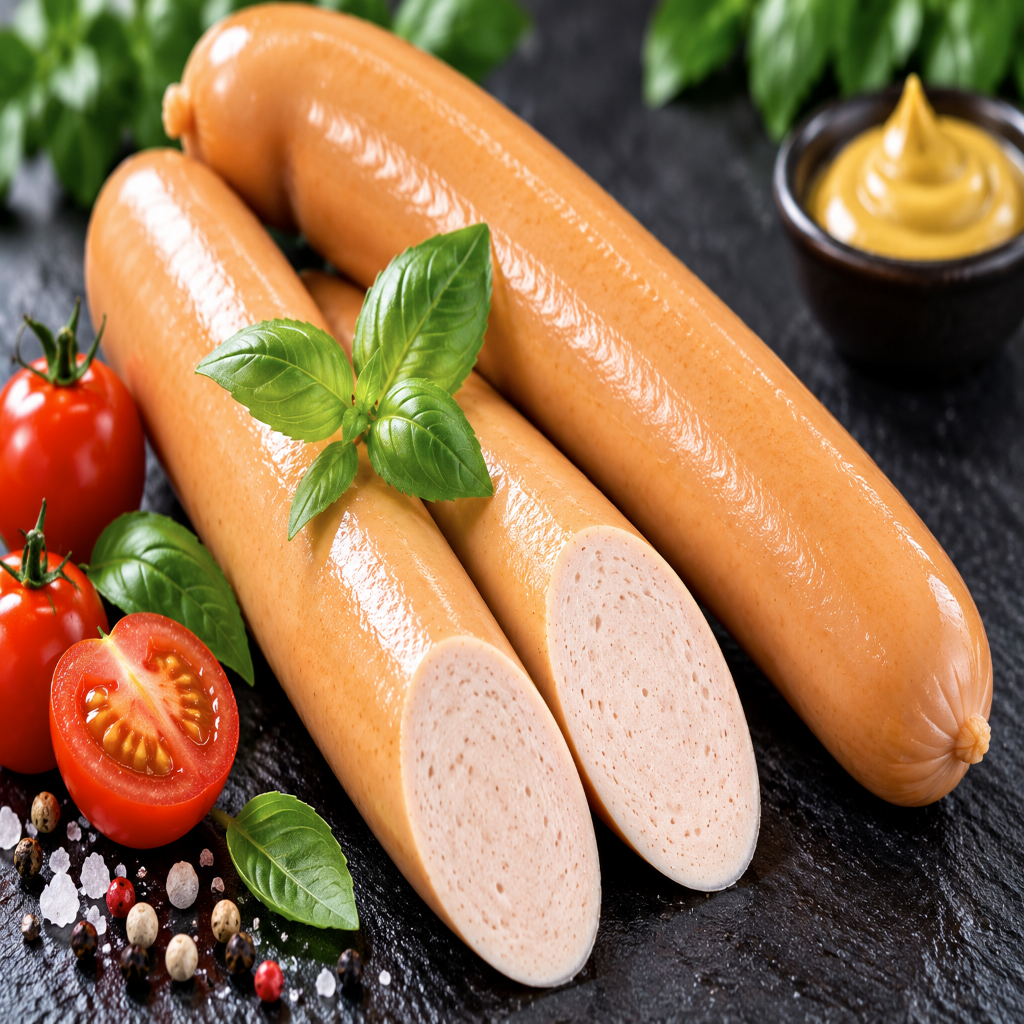 Saftige Geflügel Bockwurst mit Tomaten, Basilikum und Senf
