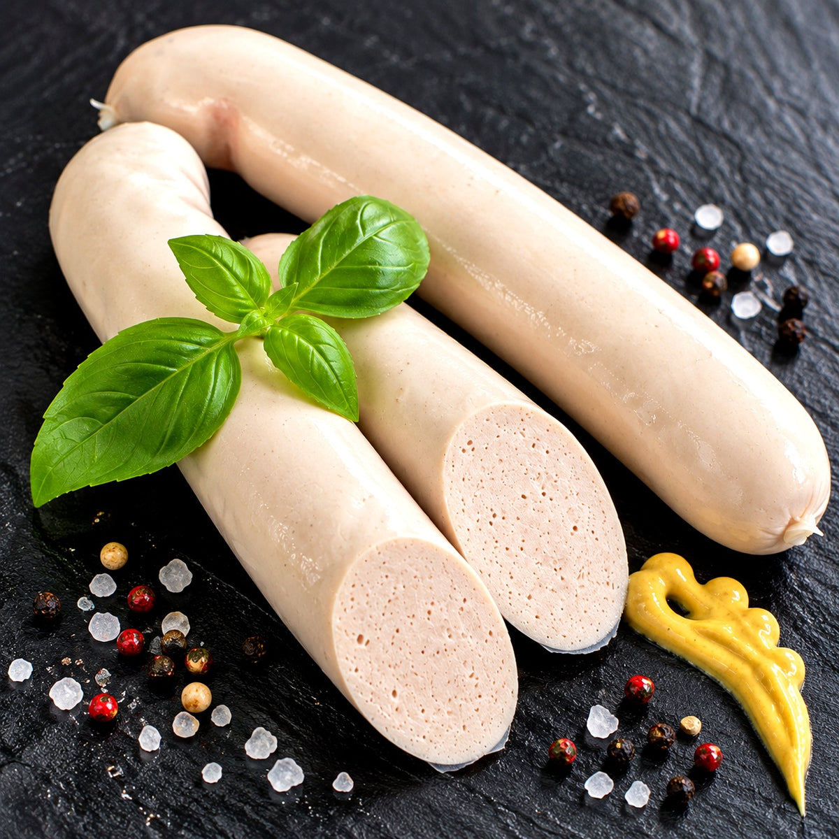 Geflügel Rostbratwurst mit Anschnitt, Basilikum und Gewürzen