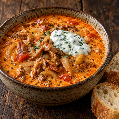 Hausgemachte Gyrossuppe mit Kräuterjoghurt und Baguette – Rezeptbild