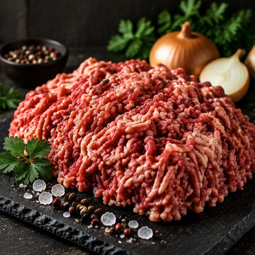 Hackfleisch halb und halb aus Rind und Schwein auf schwarzer Schiefertafel