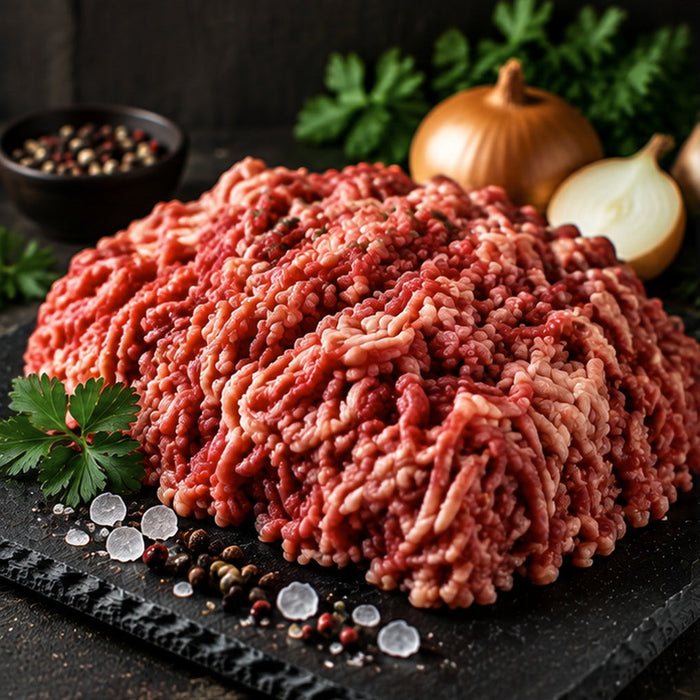 Hackfleisch halb und halb aus Rind und Schwein auf schwarzer Schiefertafel