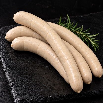 Historische Rostbratwurst – 5 Stück à ca. 120 g auf schwarzer Schiefertafel