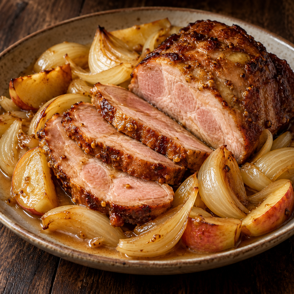 Kasslernacken mit Zwiebeln, Apfel und Senf aus dem Backofen – Rezeptbild