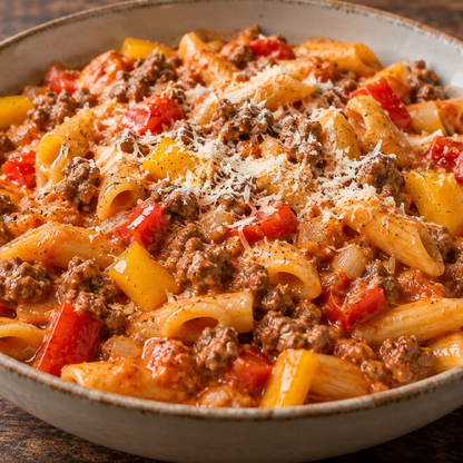 One-Pot-Pasta mit Rinderhack, roter und gelber Paprika, Tomaten und Parmesan