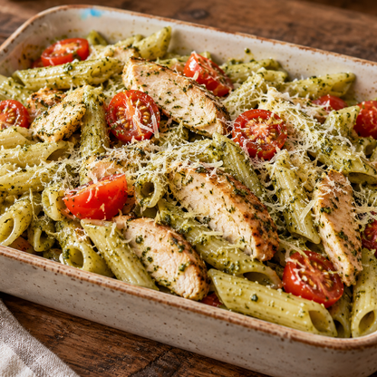 Pesto-Pasta mit Hähnchenbrust, Cherrytomaten und Parmesan