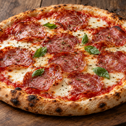 Pizza mit luftgetrockneter Salami, Mozzarella, Oregano und Basilikum