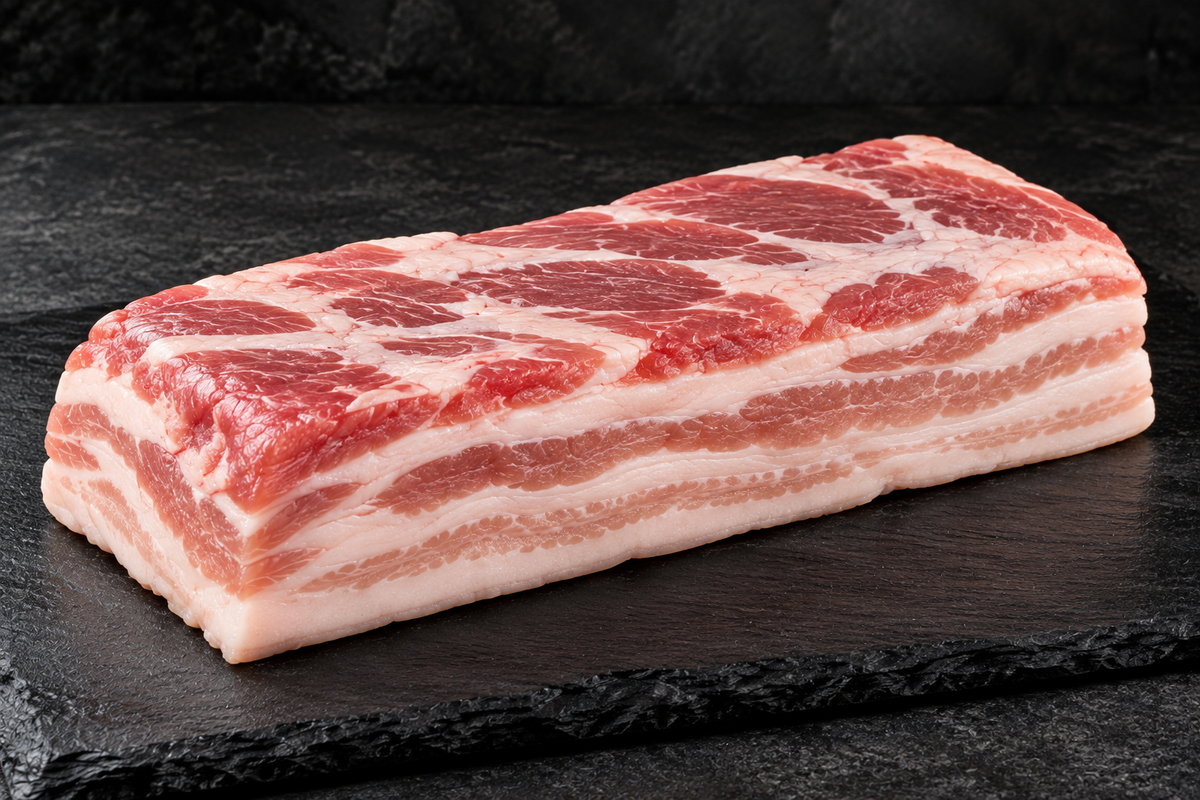 Schweinebauch ohne Knochen auf schwarzer Schiefertafel